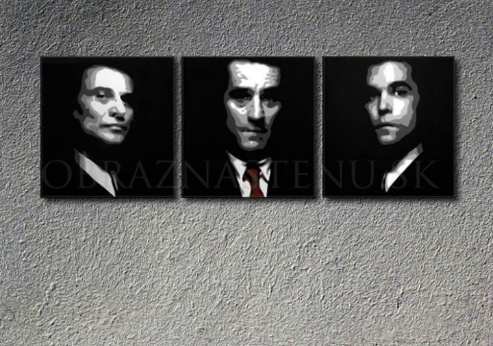 Ručno oslikana slika na platnu s motivom tri muška portreta, crno-bijelo s crvenom – 3D prikaz platna s vidljivim drvenim okvirom, Papilora.