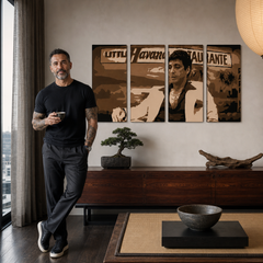 Ručno oslikana POP Art slika HAVANA - AL PACINO 4 dijela al17 – slika u modernom muškom interijeru, lifestyle vizualizacija. Dominantne boje: smeđa, bež, crna.