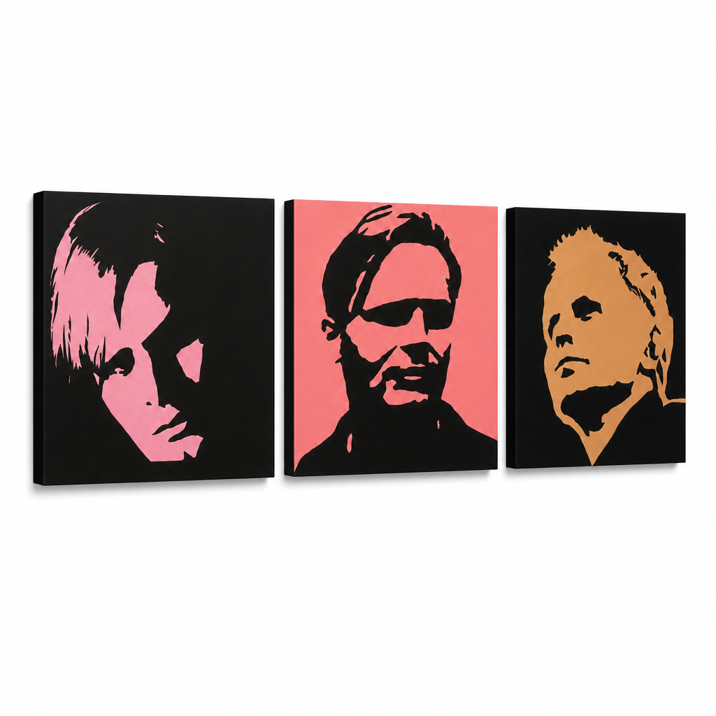 Ručno oslikana POP Art slika Herbert Grônemeyer 3 dijela hg – 3D vizualizacija ručno oslikanog platna na bijeloj pozadini. Dominantne boje: crna, ružičasta, narančasta.