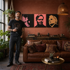Ručno oslikana POP Art slika Herbert Grônemeyer 3 dijela hg – slika u modernom muškom interijeru, lifestyle vizualizacija. Dominantne boje: crna, ružičasta, narančasta.