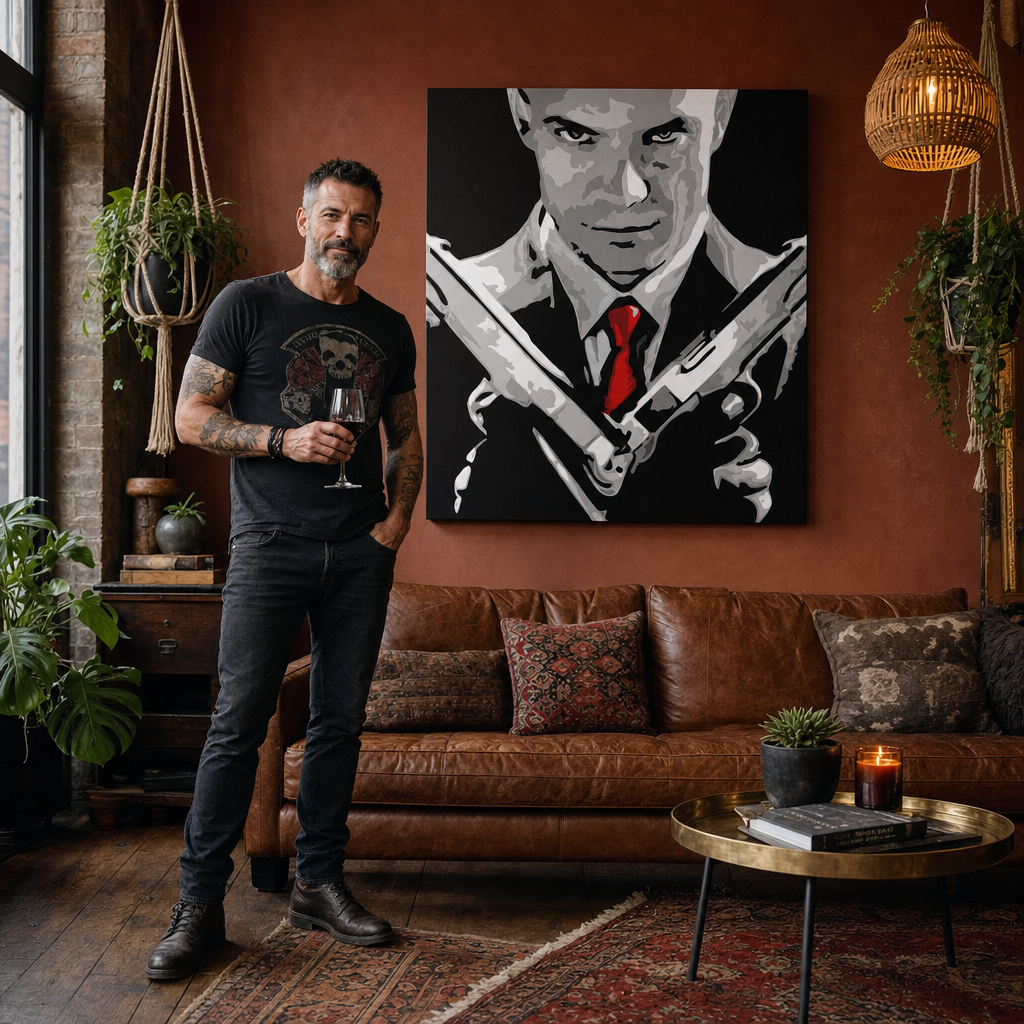 Ručno oslikana POP Art slika HITMAN 1 dio hit2 – slika u modernom muškom interijeru, lifestyle vizualizacija. Dominantne boje: crna, bijela, crvena, siva, smeđa.
