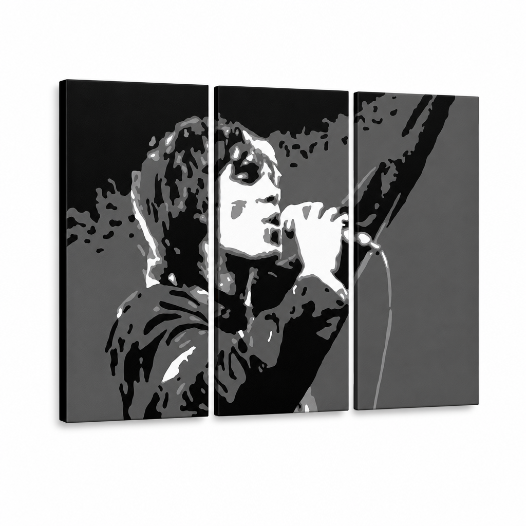 Ručno oslikana POP Art slika Ian Brown 3 dijela ib2 – 3D vizualizacija ručno oslikanog platna na bijeloj pozadini. Dominantne boje: crna, bijela, siva.