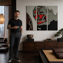 Ručno oslikana POP Art slika Ian Brown, 3 dijela, IBB – slika u modernom muškom interijeru, lifestyle vizualizacija. Dominantne boje: crna, crvena, siva, smeđa, bijela.