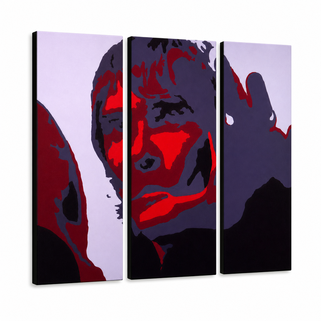 Ručno oslikana POP Art slika Ian Brown od 3 dijela ib – 3D vizualizacija ručno oslikanog platna na bijeloj pozadini. Dominantne boje: crna, crvena, siva.