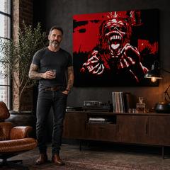 Ručno oslikana POP Art slika Iron Maiden 1 komad – slika u modernom muškom interijeru, lifestyle vizualizacija. Dominantne boje: crvena, crna, bijela.