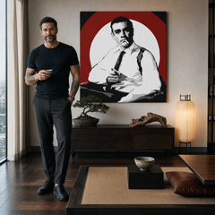 Ručno oslikana POP Art slika James Bond 1 dio bond4 – slika u modernom muškom interijeru, lifestyle vizualizacija. Dominantne boje: crna, bijela, crvena.