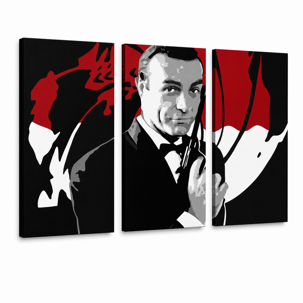 Ručno oslikana POP Art slika James Bond 3 dijela bond2 – 3D vizualizacija ručno oslikanog platna na bijeloj pozadini. Dominantne boje: crna, crvena, bijela.