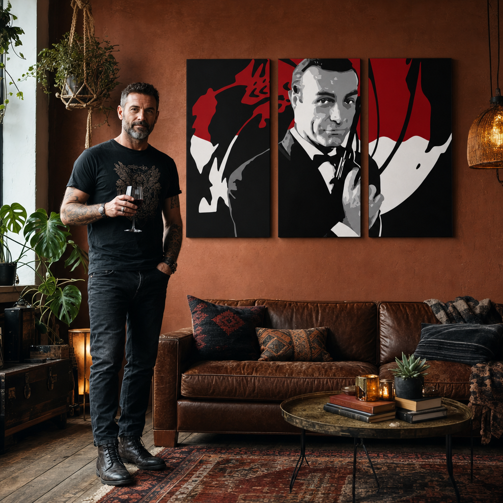 Ručno oslikana POP Art slika James Bond 3 dijela bond2 – slika u modernom muškom interijeru, lifestyle vizualizacija. Dominantne boje: crna, crvena, bijela.