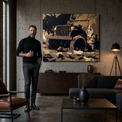 Ručno oslikana POP Art slika JEEP 1 komad jeep – slika u modernom muškom interijeru, lifestyle vizualizacija. Dominantne boje: smeđa, crna, bež, zlatna.