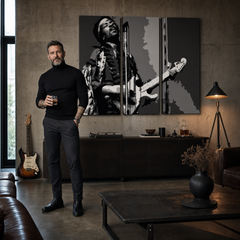 Ručno oslikana POP Art slika Jimmy Hendrix 3 dijela jh – slika u modernom muškom interijeru, lifestyle vizualizacija. Dominantne boje: crna, bijela, siva.