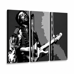 Ručno oslikana POP Art slika Jimmy Hendrix 3 dijela jh – 3D vizualizacija ručno oslikanog platna na bijeloj pozadini. Dominantne boje: crna, bijela, siva.