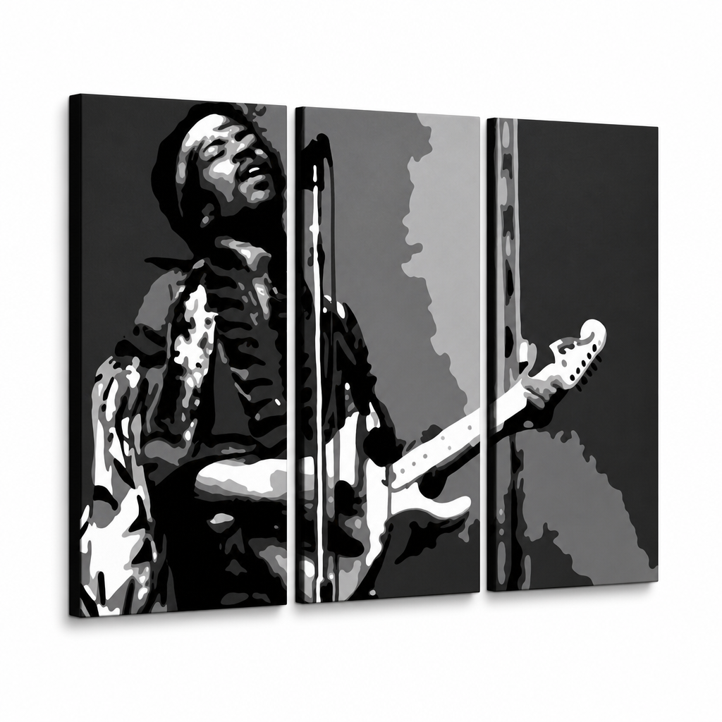 Ručno oslikana slika na platnu s motivom jimi hendrix s gitarom, crno-bijelo – 3D prikaz platna s vidljivim drvenim okvirom, Papilora.
