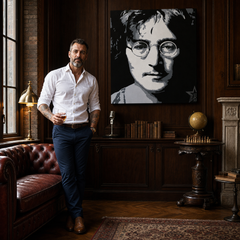 Ručno oslikana POP Art slika John Lennon 1 komad jl – slika u modernom muškom interijeru, lifestyle vizualizacija. Dominantne boje: crna, bijela, siva.
