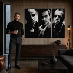 Ručno oslikana POP Art slika KUM 3 dijela god2 – slika u modernom muškom interijeru, lifestyle vizualizacija. Dominantne boje: crna, bijela, siva.