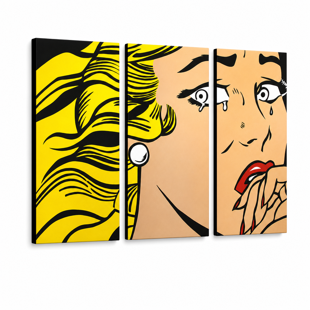 Ručno oslikana POP Art slika LICHTENSTEIN 3 dijela li3/x2 – 3D vizualizacija ručno oslikanog platna na bijeloj pozadini. Dominantne boje: žuta, crna, ružičasta.