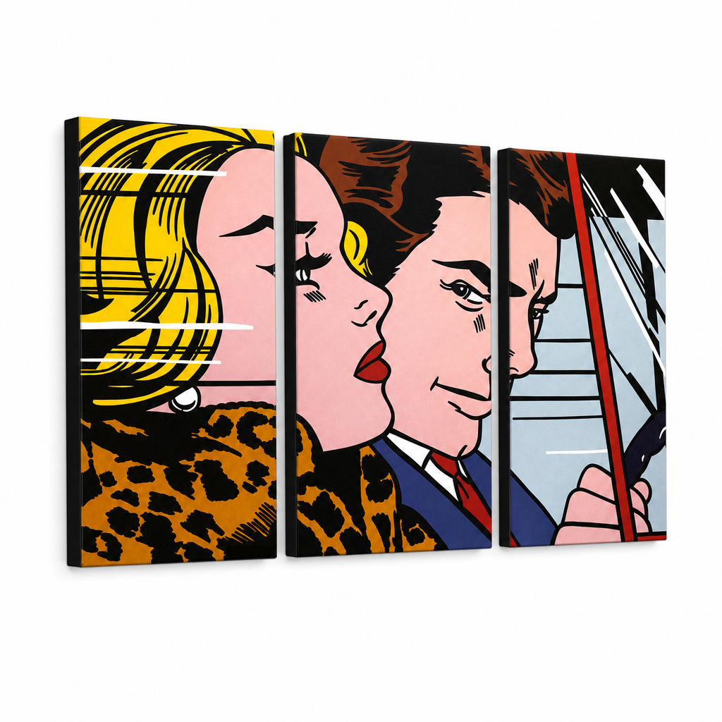 Ručno oslikana slika na platnu s motivom pop art par u autu – 3D prikaz platna s vidljivim drvenim okvirom, Papilora.