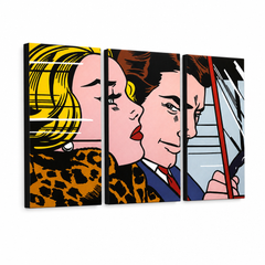 Ručno oslikana slika na platnu s motivom pop art par u autu – 3D prikaz platna s vidljivim drvenim okvirom, Papilora.
