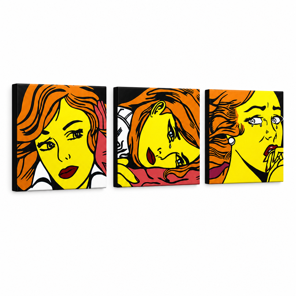 Ručno oslikana POP Art slika LICHTENSTEIN 3 dijela li7 – 3D vizualizacija ručno oslikanog platna na bijeloj pozadini. Dominantne boje: žuta, crna, narančasta.