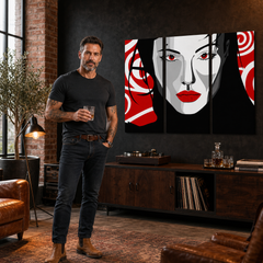 Ručno oslikana POP Art slika Lijepa ŽENA od 3 dijela nwoman – slika u modernom muškom interijeru, lifestyle vizualizacija. Dominantne boje: crna, crvena, bijela.