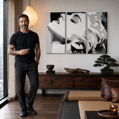 Ručno oslikana POP Art slika MADONNA od 3 dijela ma5 – slika u modernom muškom interijeru, lifestyle vizualizacija. Dominantne boje: bielá, crna, siva.