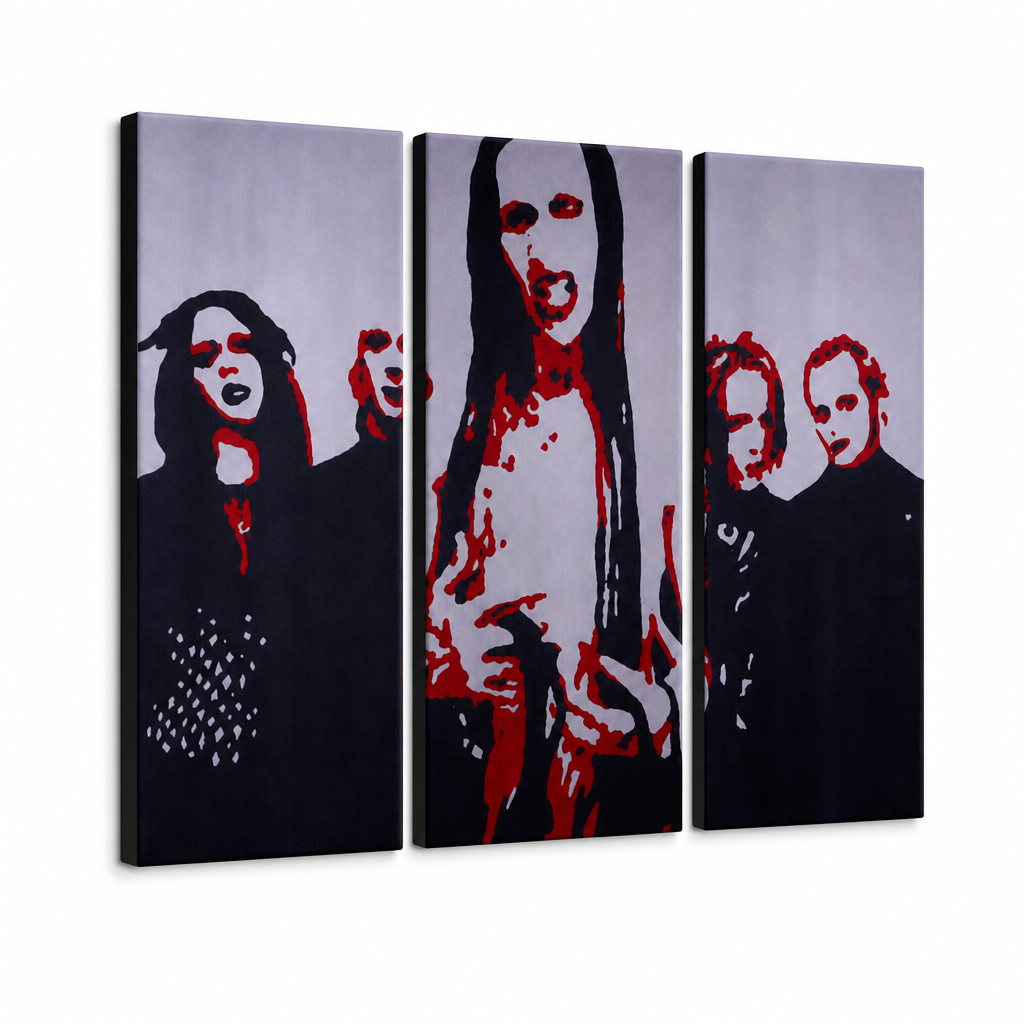 Ručno oslikana slika na platnu s motivom marilyn manson i bend crveno-crno – 3D prikaz platna s vidljivim drvenim okvirom, Papilora.