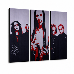 Ručno oslikana slika na platnu s motivom marilyn manson i bend crveno-crno – 3D prikaz platna s vidljivim drvenim okvirom, Papilora.