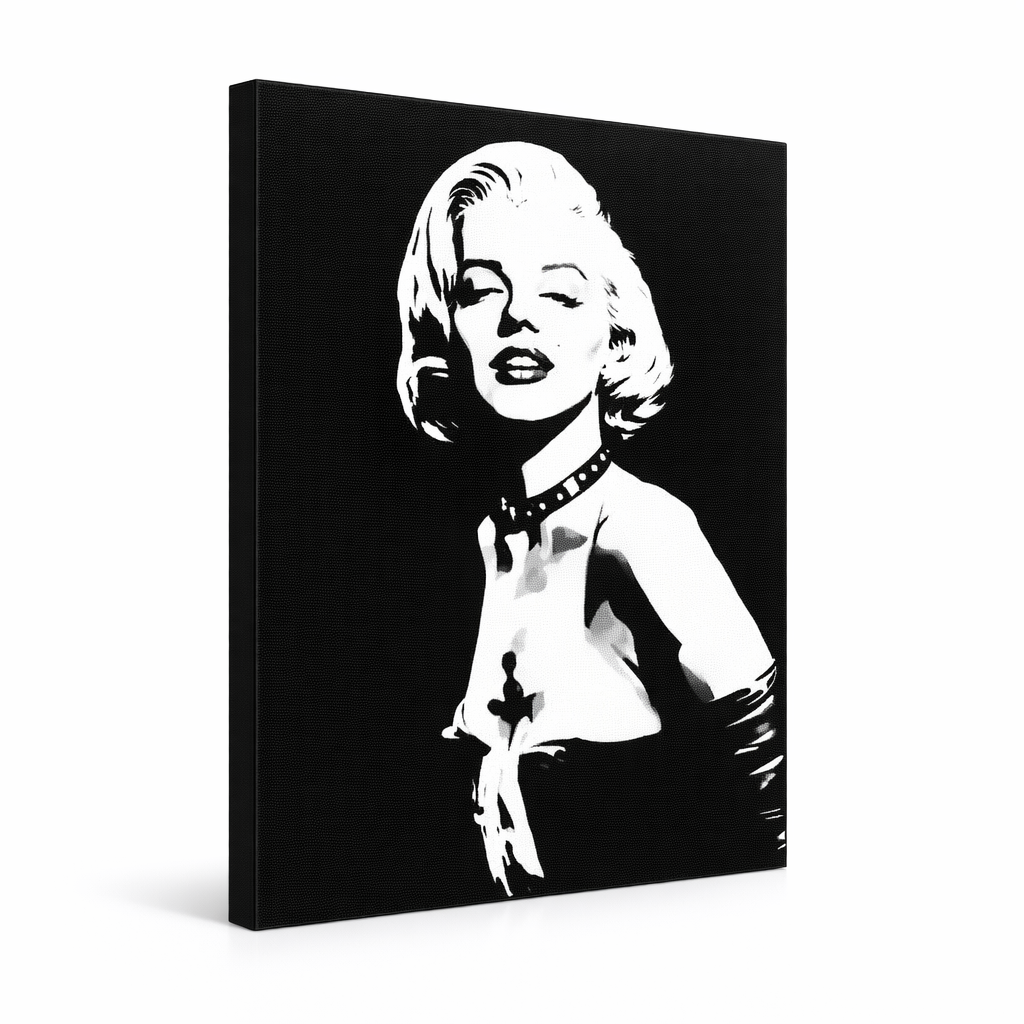 Ručno oslikana POP Art slika Marilyn MONROE 1 komad mon5 – 3D vizualizacija ručno oslikanog platna na bijeloj pozadini. Dominantne boje: crna, bijela, siva.