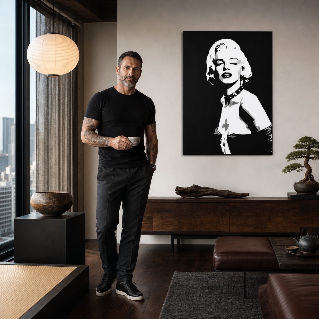 Ručno oslikana POP Art slika Marilyn MONROE 1 komad mon5 – slika u modernom muškom interijeru, lifestyle vizualizacija. Dominantne boje: crna, bijela, siva.
