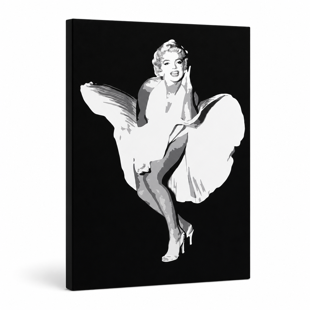 Ručno oslikana slika na platnu s motivom marilyn monroe u bijeloj haljini – 3D prikaz platna s vidljivim drvenim okvirom, Papilora.