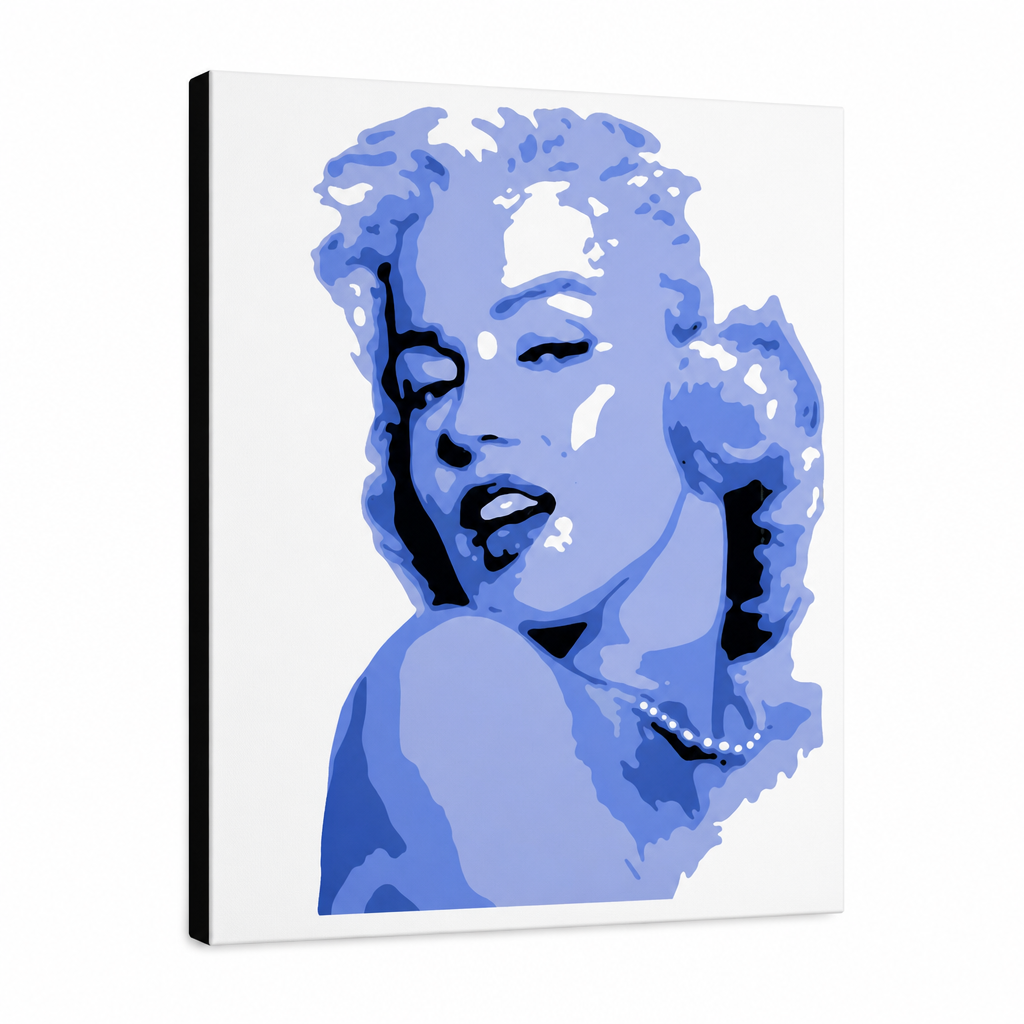Ručno oslikana POP Art slika Marilyn Monroe 1 komad pon – 3D vizualizacija ručno oslikanog platna na bijeloj pozadini. Dominantne boje: plava, bijela, crna.