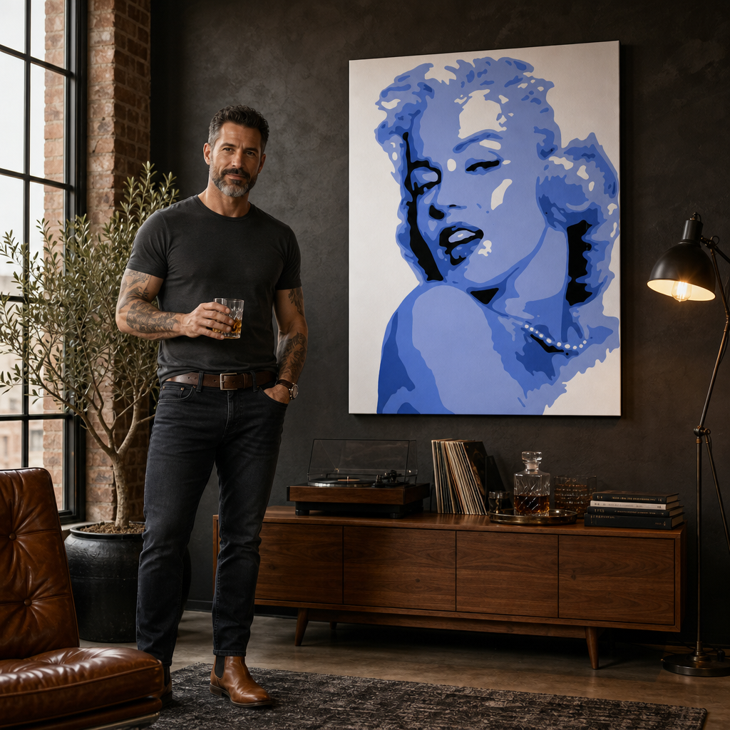 Ručno oslikana POP Art slika Marilyn Monroe 1 komad pon – slika u modernom muškom interijeru, lifestyle vizualizacija. Dominantne boje: plava, bijela, crna.