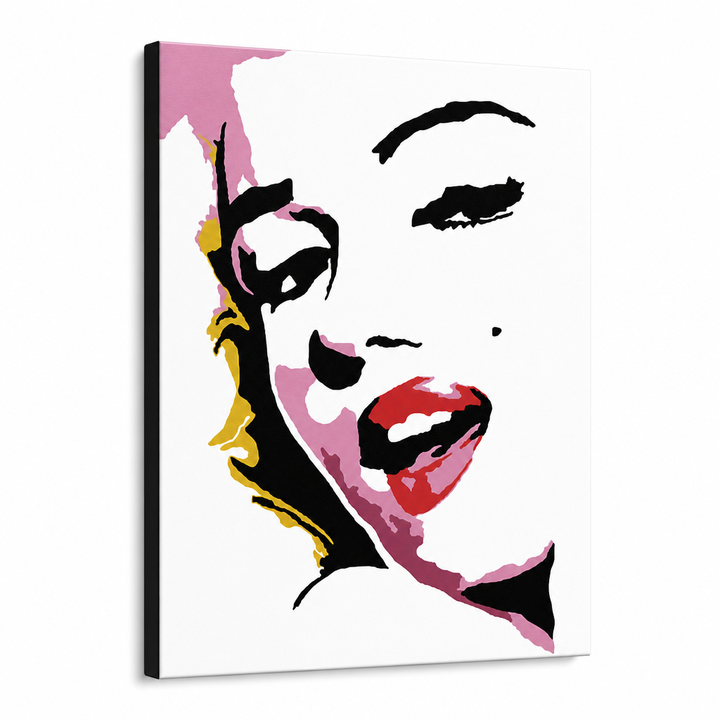 Ručno oslikana POP Art slika Marilyn Monroe 1 komad pon7 – 3D vizualizacija ručno oslikanog platna na bijeloj pozadini. Dominantne boje: ružičasta, crvena, crna, žuta, siva.