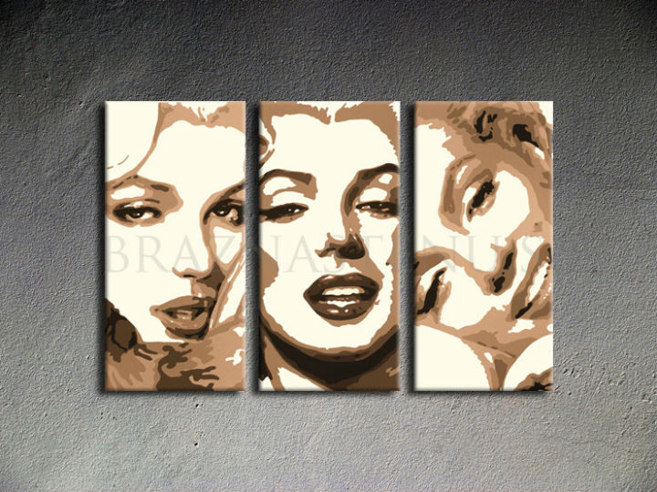 Ručno oslikana slika na platnu s motivom portreti marilyn monroe u smeđim tonovima – 3D prikaz platna s vidljivim drvenim okvirom, Papilora.