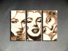 Ručno oslikana slika na platnu s motivom portreti marilyn monroe u smeđim tonovima – 3D prikaz platna s vidljivim drvenim okvirom, Papilora.