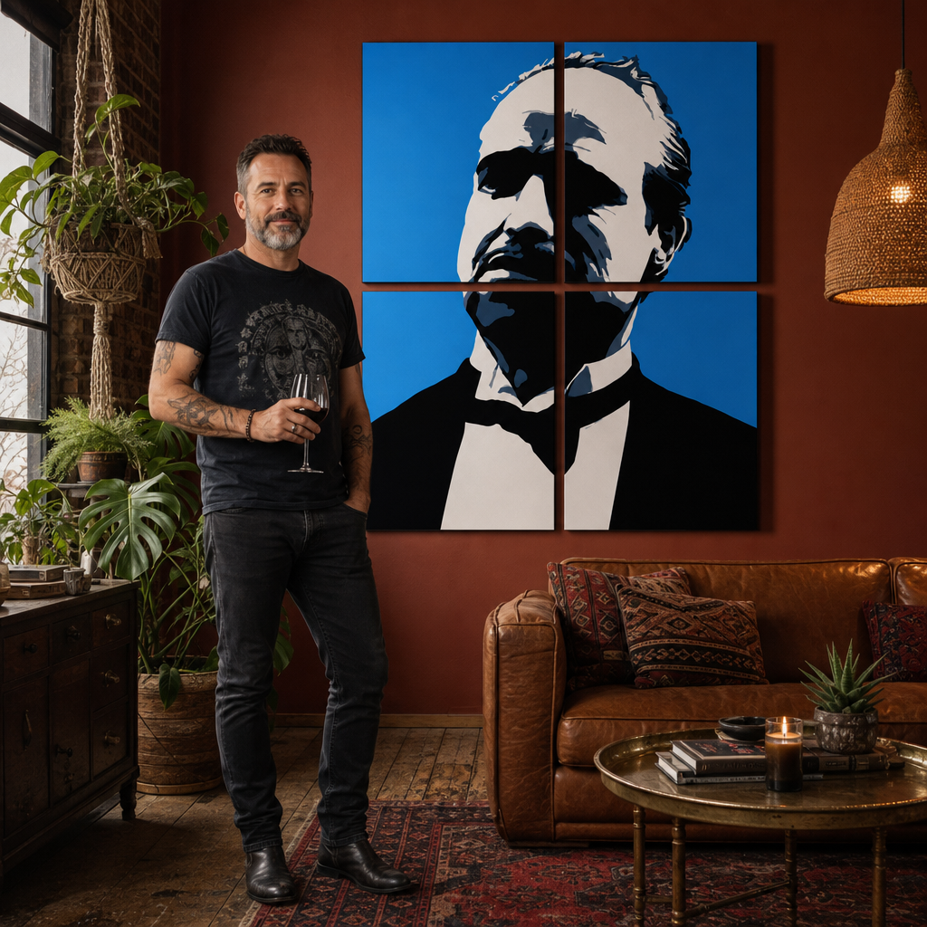 Ručno oslikana POP Art slika Marlona Branda iz 4 dijela mb4 – slika u modernom muškom interijeru, lifestyle vizualizacija. Dominantne boje: plava, crna, bijela.