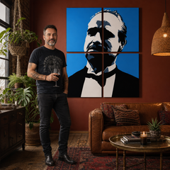 Ručno oslikana POP Art slika Marlona Branda iz 4 dijela mb4 – slika u modernom muškom interijeru, lifestyle vizualizacija. Dominantne boje: plava, crna, bijela.