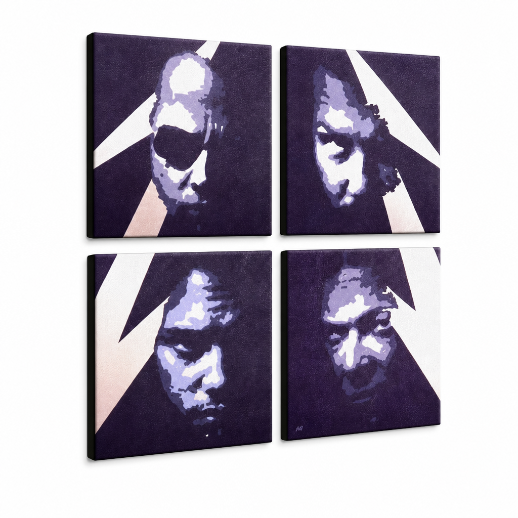Ručno oslikana POP Art slika METALLICA, 4 dijela, metal – 3D vizualizacija ručno oslikanog platna na bijeloj pozadini. Dominantne boje: ljubičasta, plava, crna, bež, bijela.