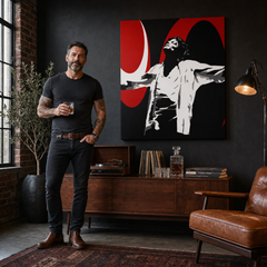 Ručno oslikana POP Art slika Michael Jackson 1 dio mj1 – slika u modernom muškom interijeru, lifestyle vizualizacija. Dominantne boje: crna, crvena, bijela.