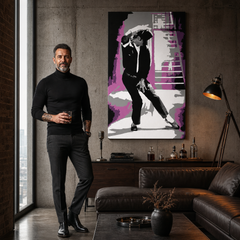 Ručno oslikana POP Art slika Michael Jackson 1 komad mj3 – slika u modernom muškom interijeru, lifestyle vizualizacija. Dominantne boje: crna, ružičasta, siva, bijela.