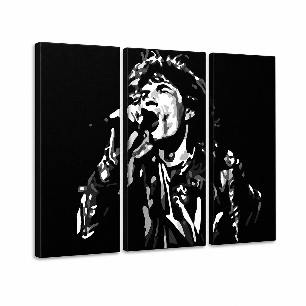 Ručno oslikana POP Art slika Mick Jagger 3 komada mick – 3D vizualizacija ručno oslikanog platna na bijeloj pozadini. Dominantne boje: crna, bijela, siva.