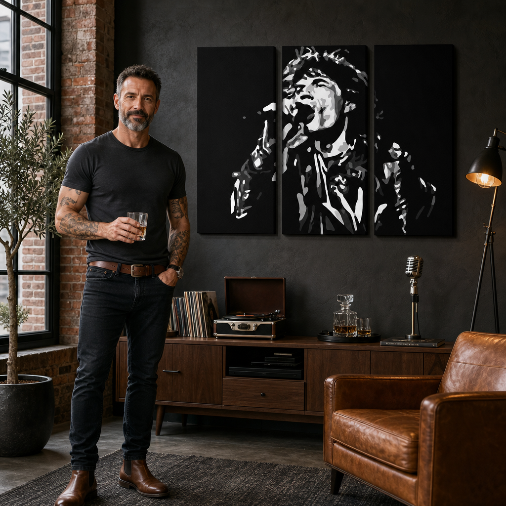 Ručno oslikana POP Art slika Mick Jagger 3 komada mick – slika u modernom muškom interijeru, lifestyle vizualizacija. Dominantne boje: crna, bijela, siva.