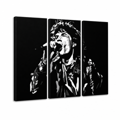 Ručno oslikana POP Art slika Mick Jagger 3 komada mick – 3D vizualizacija ručno oslikanog platna na bijeloj pozadini. Dominantne boje: crna, bijela, siva.