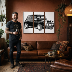 Ručno oslikana POP Art slika MINI COOPER od 3 dijela minijaturnog modela – slika u modernom muškom interijeru, lifestyle vizualizacija. Dominantne boje: crna, bijela, siva.