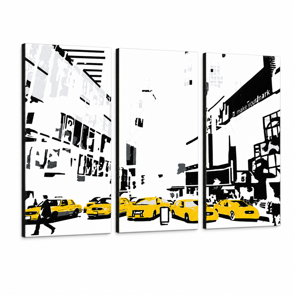 Ručno oslikana POP Art slika NEW YORK 3 dijela 0107 nyc – 3D vizualizacija ručno oslikanog platna na bijeloj pozadini. Dominantne boje: žuta, crna, bijela.