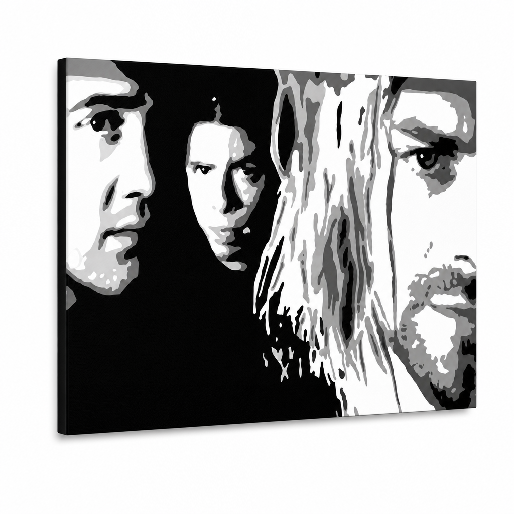 Ručno oslikana POP Art slika Nirvana 1 komad nir – 3D vizualizacija ručno oslikanog platna na bijeloj pozadini. Dominantne boje: crna, bijela, siva.
