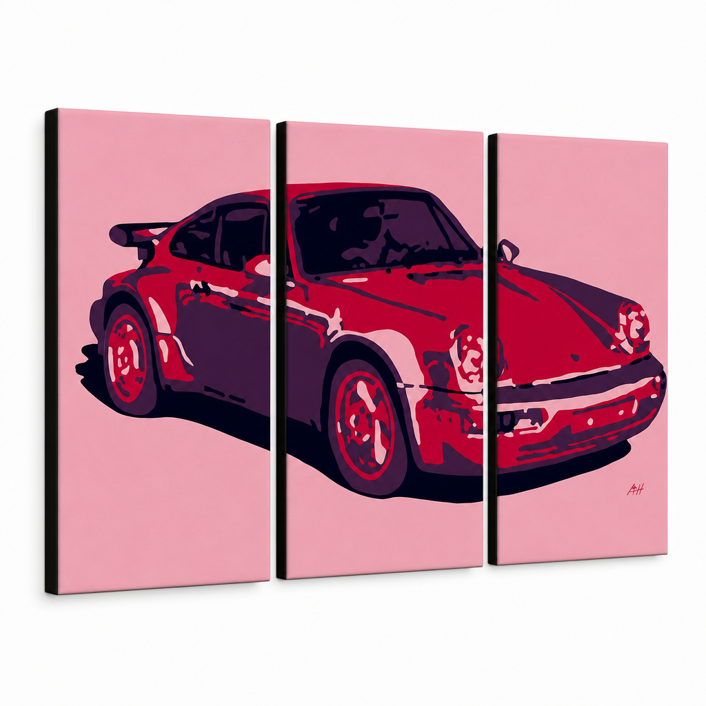 Ručno oslikana POP Art slika PORSCHE 911 od 3 dijela por3 – 3D vizualizacija ručno oslikanog platna na bijeloj pozadini. Dominantne boje: crvena, ružičasta, crna.