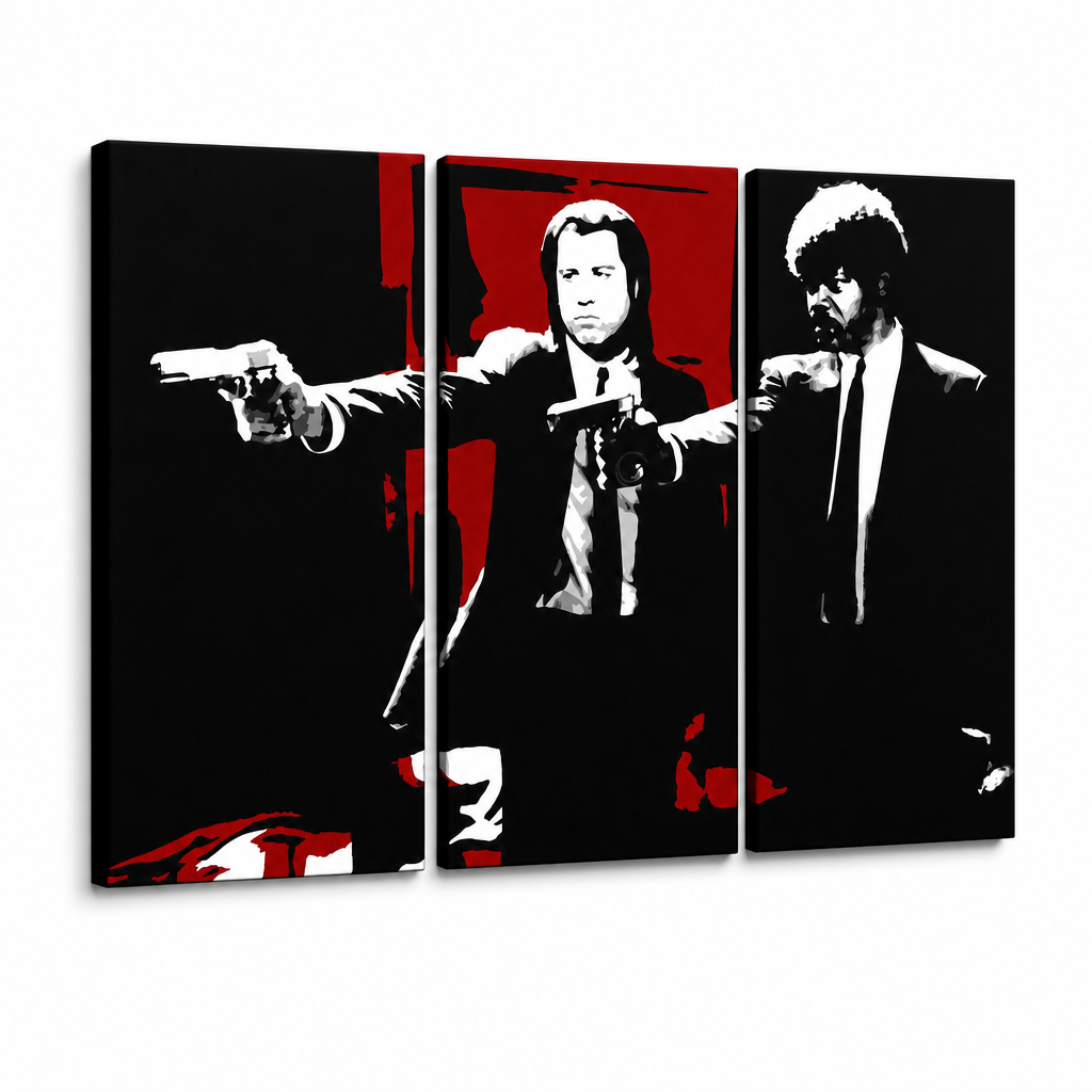 Ručno oslikana POP Art slika Pulp Fiction 3 dijela pulp5 – 3D vizualizacija ručno oslikanog platna na bijeloj pozadini. Dominantne boje: crna, crvena, bijela.