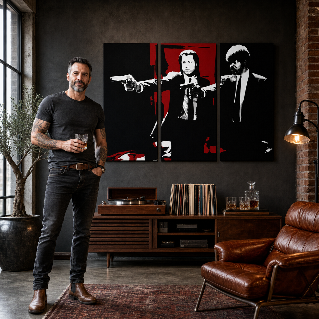 Ručno oslikana POP Art slika Pulp Fiction 3 dijela pulp5 – slika u modernom muškom interijeru, lifestyle vizualizacija. Dominantne boje: crna, crvena, bijela.