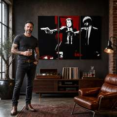 Ručno oslikana POP Art slika Pulp Fiction 3 dijela pulp5 – slika u modernom muškom interijeru, lifestyle vizualizacija. Dominantne boje: crna, crvena, bijela.
