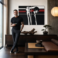 Ručno oslikana POP Art slika Pulp Fiction 4 komada pulpe – slika u modernom muškom interijeru, lifestyle vizualizacija. Dominantne boje: crna, crvena, bijela, siva, smeđa.